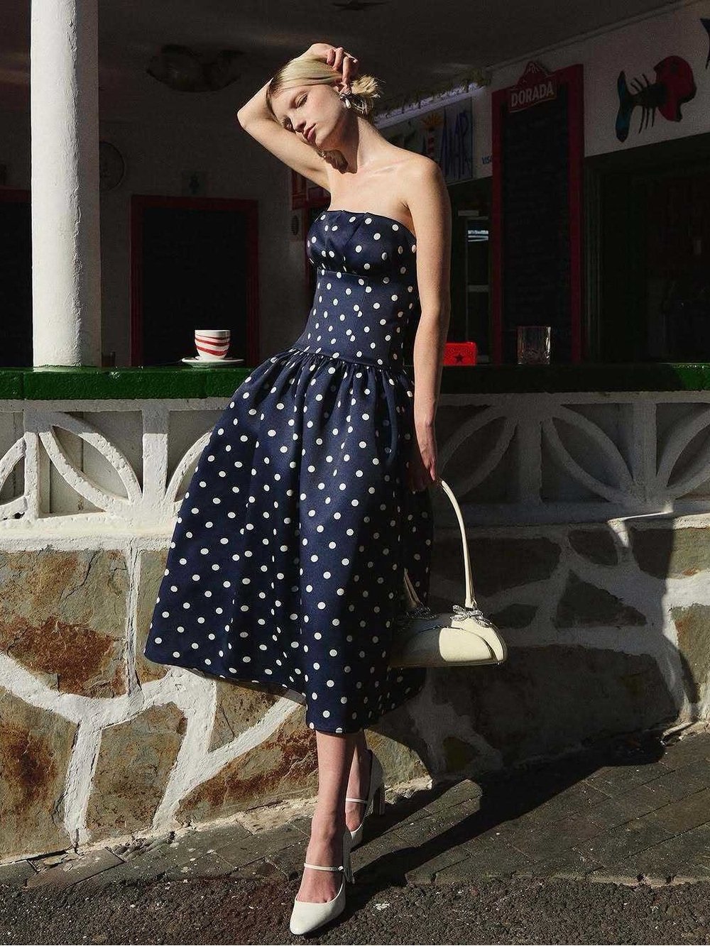 NWT- Self -Portrait Strapless Navy Polka Dot Midi Dress